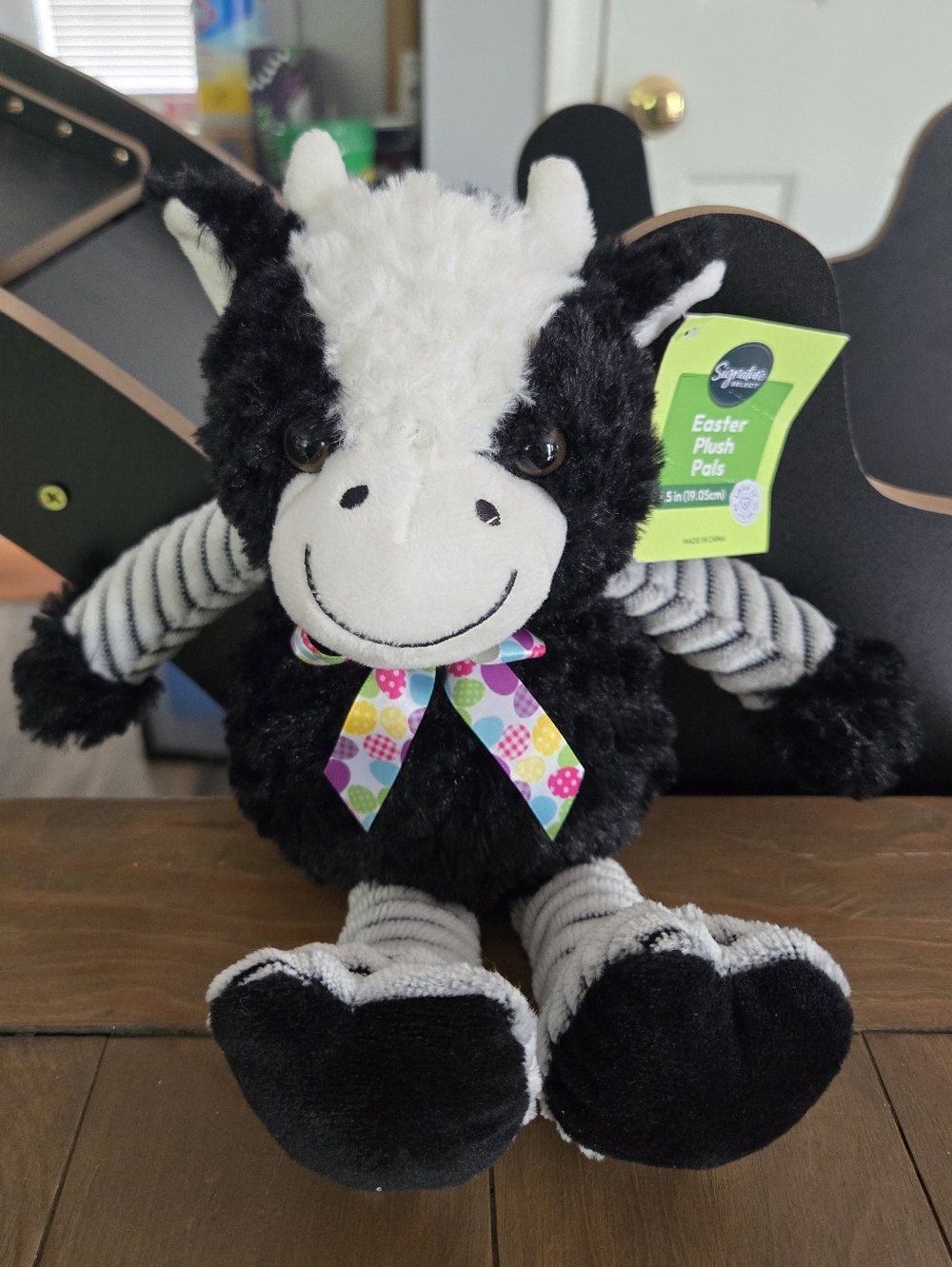 Easter Plush Pals Black & White Cow with Festive Ribbon New